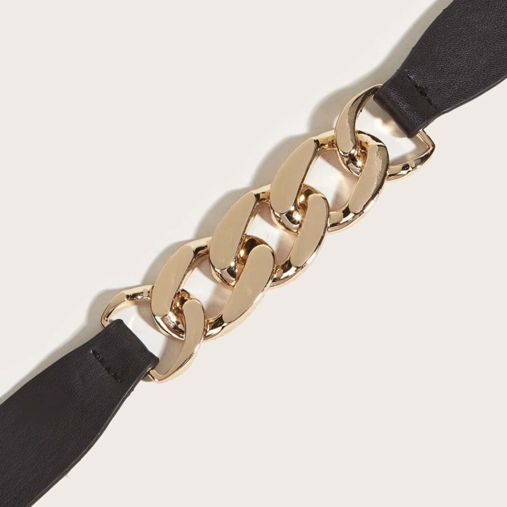 Khaki Chain accent high waist belt dress gold Tone Vegan leather - Picture 4 of 8